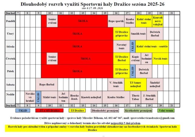 Aktuální rozvrh sportovní haly